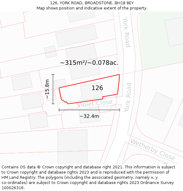 126, YORK ROAD, BROADSTONE, BH18 8EY: Plot and title map