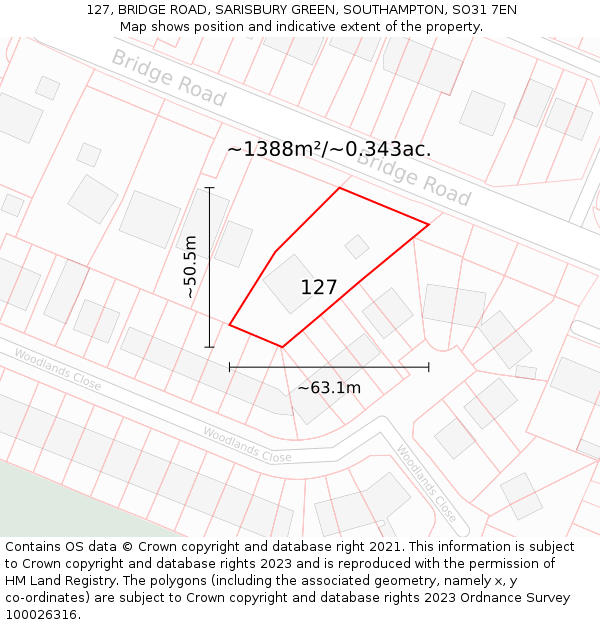 127, BRIDGE ROAD, SARISBURY GREEN, SOUTHAMPTON, SO31 7EN: Plot and title map