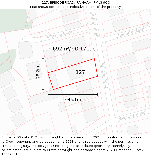 127, BRISCOE ROAD, RAINHAM, RM13 9QQ: Plot and title map