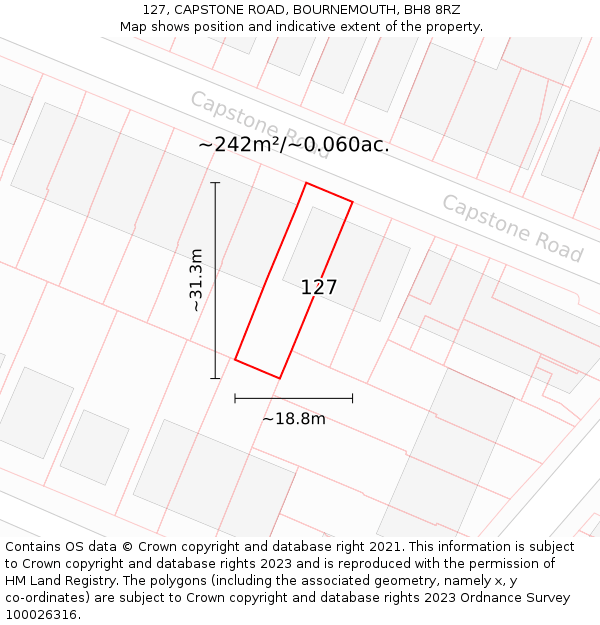 127, CAPSTONE ROAD, BOURNEMOUTH, BH8 8RZ: Plot and title map