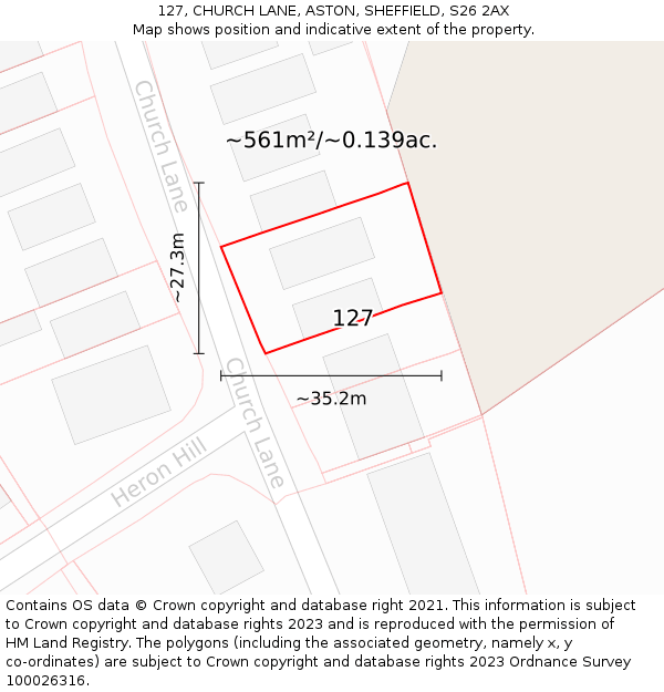 127, CHURCH LANE, ASTON, SHEFFIELD, S26 2AX: Plot and title map