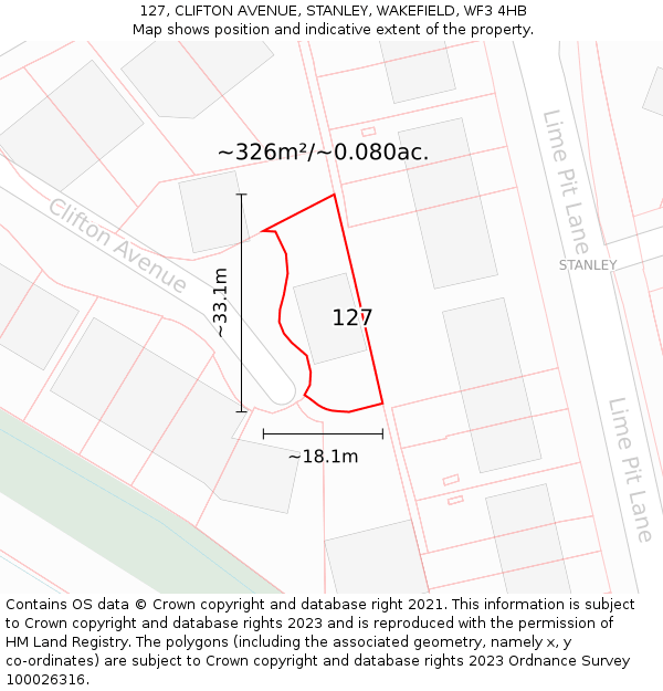 127, CLIFTON AVENUE, STANLEY, WAKEFIELD, WF3 4HB: Plot and title map