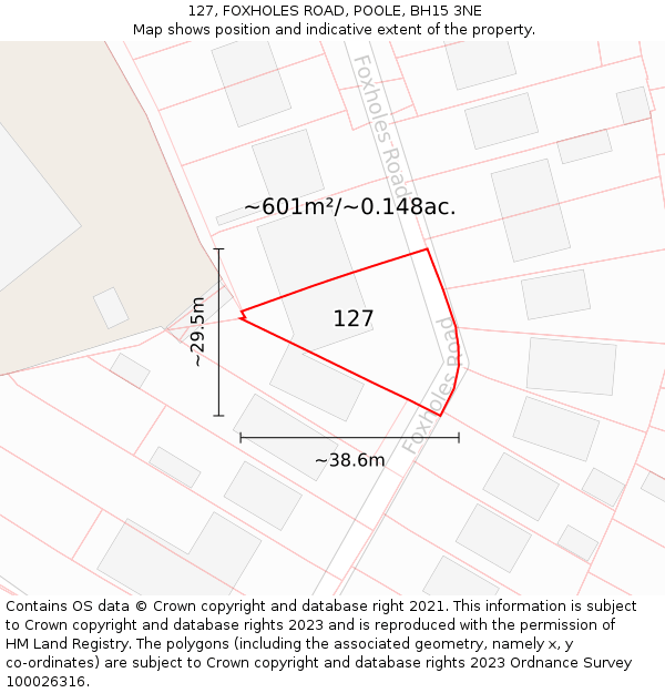 127, FOXHOLES ROAD, POOLE, BH15 3NE: Plot and title map