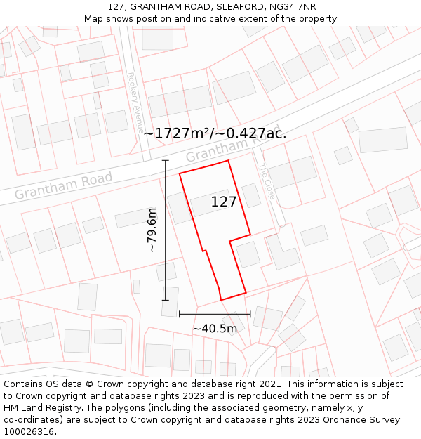 127, GRANTHAM ROAD, SLEAFORD, NG34 7NR: Plot and title map