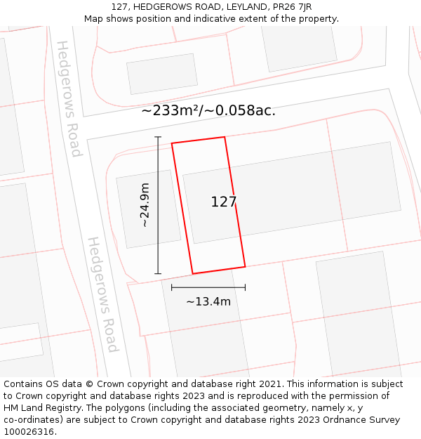 127, HEDGEROWS ROAD, LEYLAND, PR26 7JR: Plot and title map