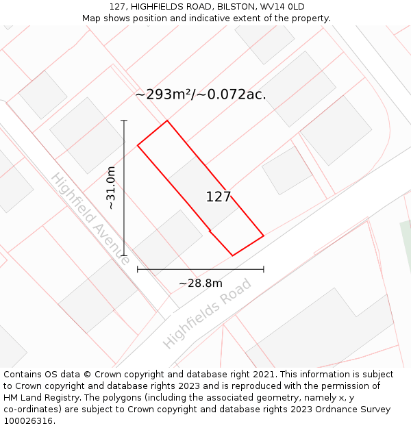 127, HIGHFIELDS ROAD, BILSTON, WV14 0LD: Plot and title map