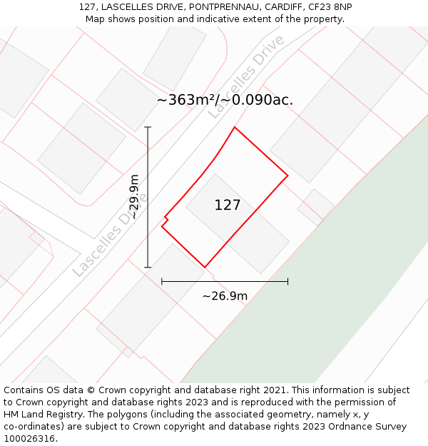 127, LASCELLES DRIVE, PONTPRENNAU, CARDIFF, CF23 8NP: Plot and title map
