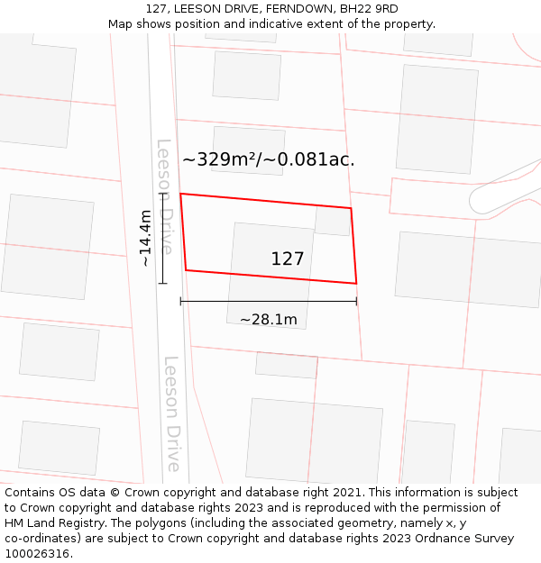 127, LEESON DRIVE, FERNDOWN, BH22 9RD: Plot and title map