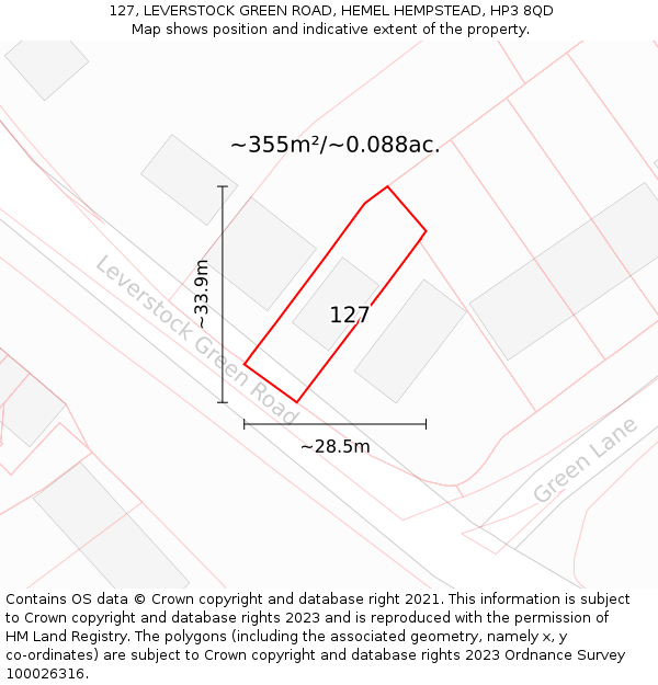 127, LEVERSTOCK GREEN ROAD, HEMEL HEMPSTEAD, HP3 8QD: Plot and title map