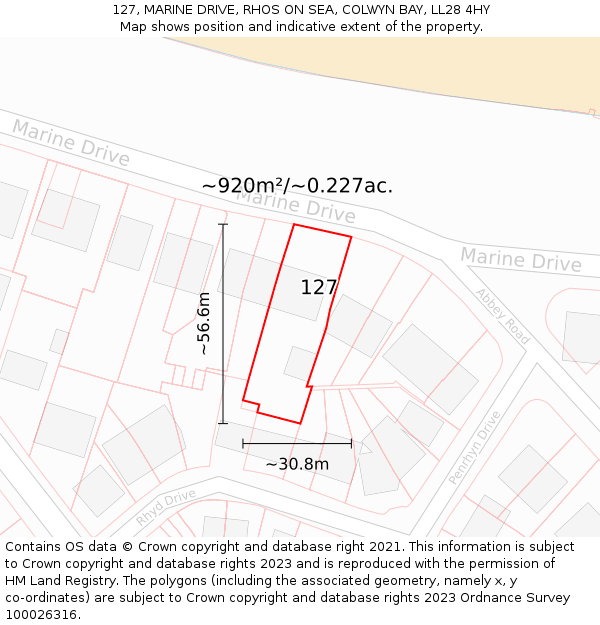 127, MARINE DRIVE, RHOS ON SEA, COLWYN BAY, LL28 4HY: Plot and title map