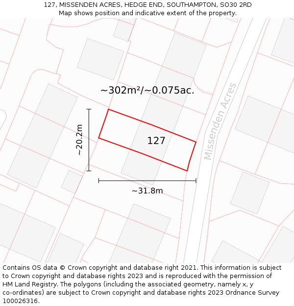 127, MISSENDEN ACRES, HEDGE END, SOUTHAMPTON, SO30 2RD: Plot and title map