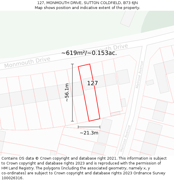 127, MONMOUTH DRIVE, SUTTON COLDFIELD, B73 6JN: Plot and title map