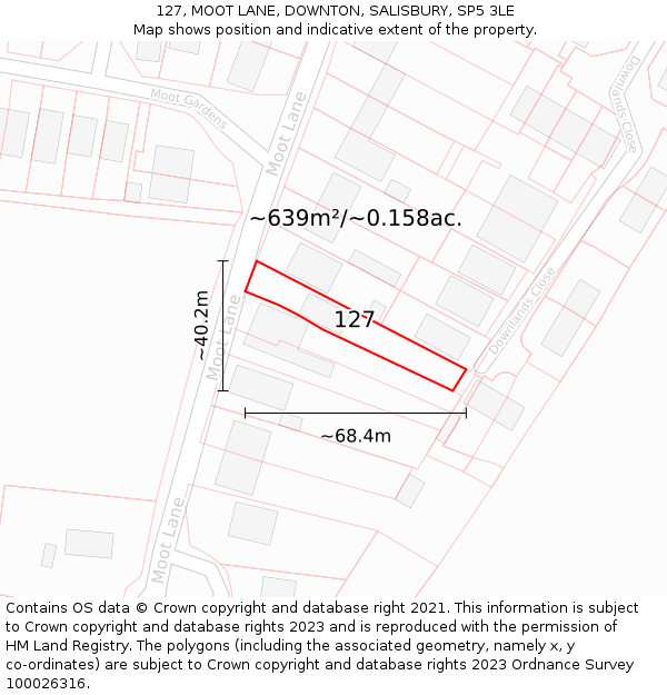 127, MOOT LANE, DOWNTON, SALISBURY, SP5 3LE: Plot and title map