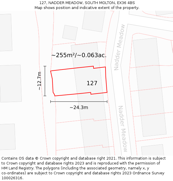 127, NADDER MEADOW, SOUTH MOLTON, EX36 4BS: Plot and title map