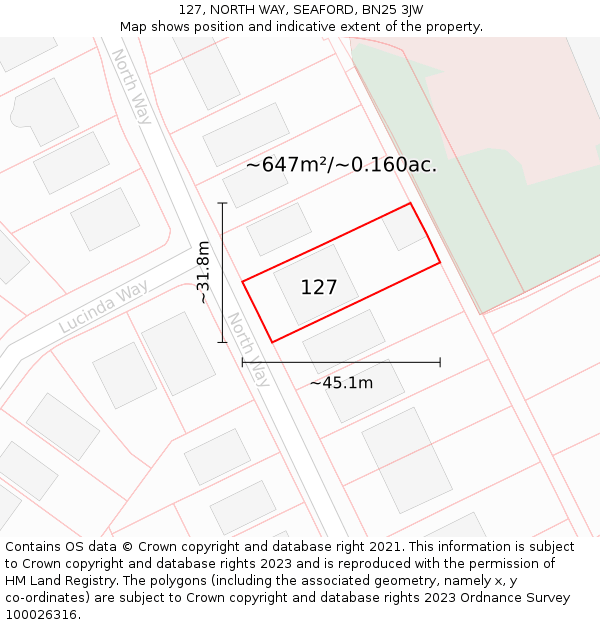 127, NORTH WAY, SEAFORD, BN25 3JW: Plot and title map