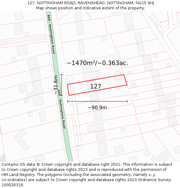 127, NOTTINGHAM ROAD, RAVENSHEAD, NOTTINGHAM, NG15 9HJ: Plot and title map