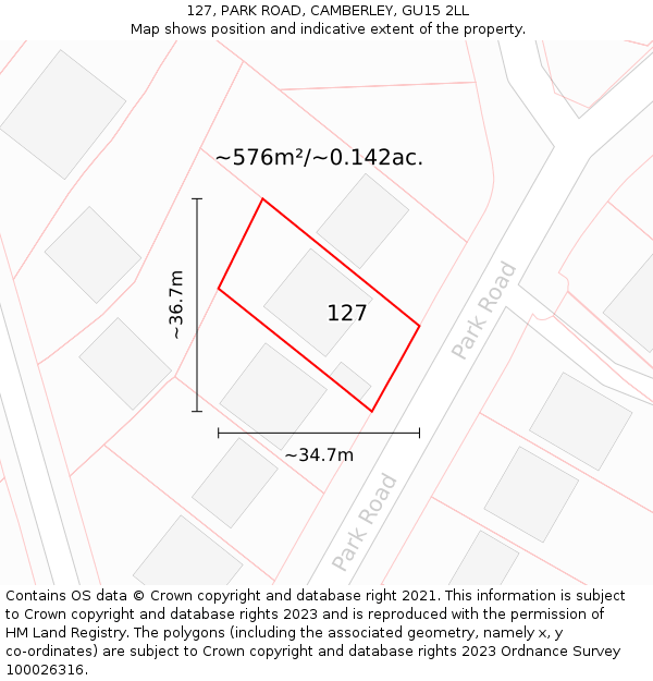 127, PARK ROAD, CAMBERLEY, GU15 2LL: Plot and title map