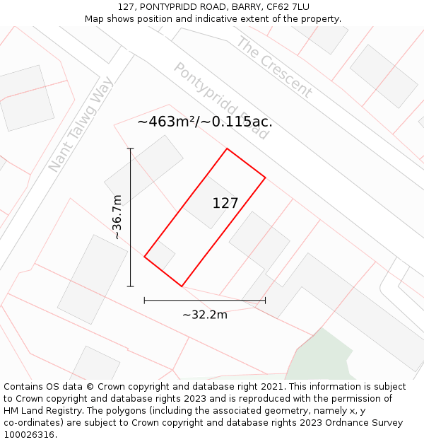 127, PONTYPRIDD ROAD, BARRY, CF62 7LU: Plot and title map