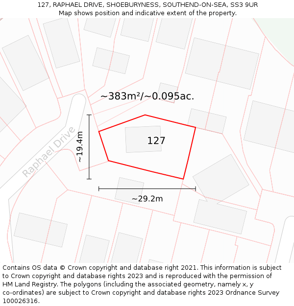 127, RAPHAEL DRIVE, SHOEBURYNESS, SOUTHEND-ON-SEA, SS3 9UR: Plot and title map