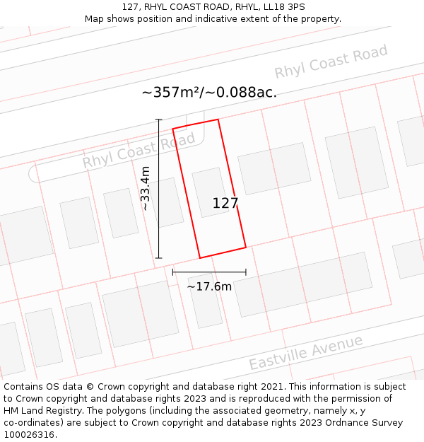 127, RHYL COAST ROAD, RHYL, LL18 3PS: Plot and title map