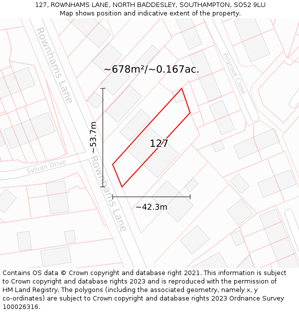 127, ROWNHAMS LANE, NORTH BADDESLEY, SOUTHAMPTON, SO52 9LU: Plot and title map