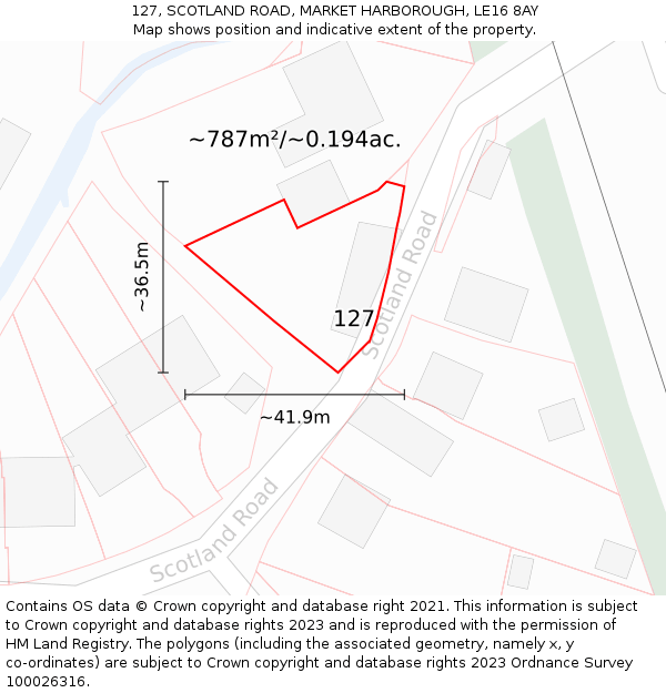 127, SCOTLAND ROAD, MARKET HARBOROUGH, LE16 8AY: Plot and title map