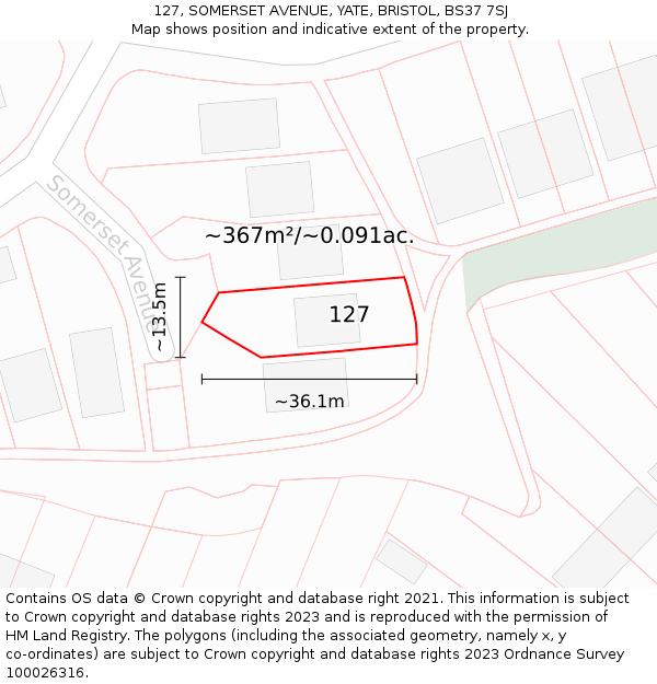 127, SOMERSET AVENUE, YATE, BRISTOL, BS37 7SJ: Plot and title map