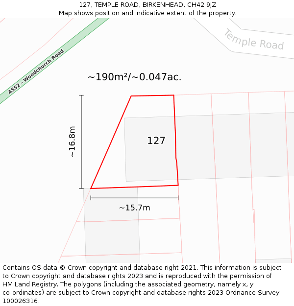 127, TEMPLE ROAD, BIRKENHEAD, CH42 9JZ: Plot and title map