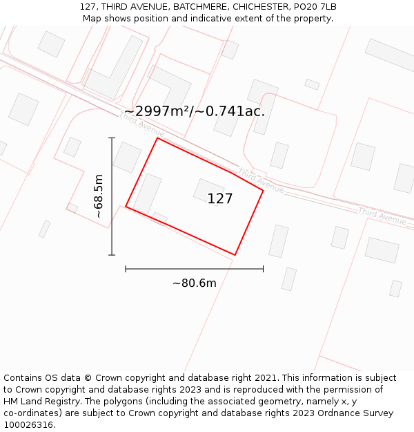 127, THIRD AVENUE, BATCHMERE, CHICHESTER, PO20 7LB: Plot and title map