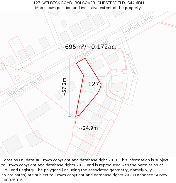 127, WELBECK ROAD, BOLSOVER, CHESTERFIELD, S44 6DH: Plot and title map