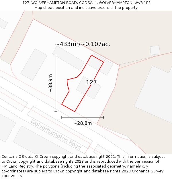 127, WOLVERHAMPTON ROAD, CODSALL, WOLVERHAMPTON, WV8 1PF: Plot and title map