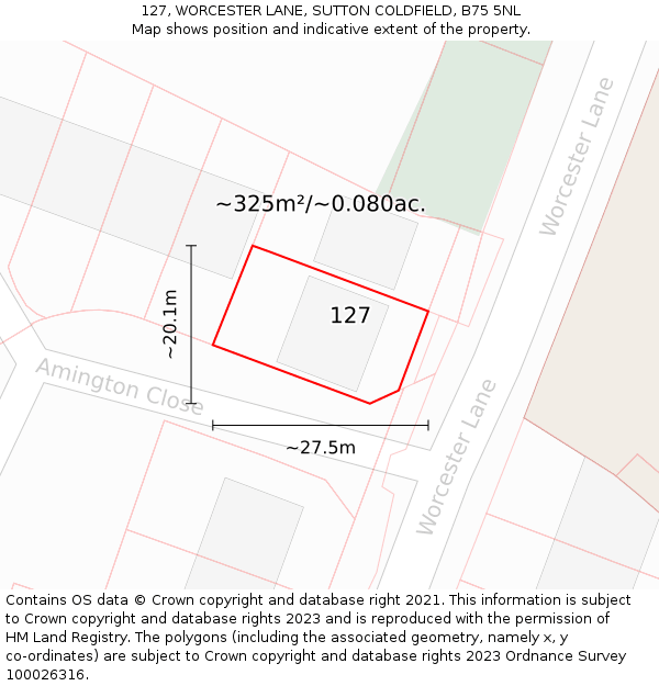 127, WORCESTER LANE, SUTTON COLDFIELD, B75 5NL: Plot and title map