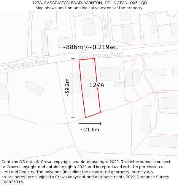 127A, CASSINGTON ROAD, YARNTON, KIDLINGTON, OX5 1QD: Plot and title map