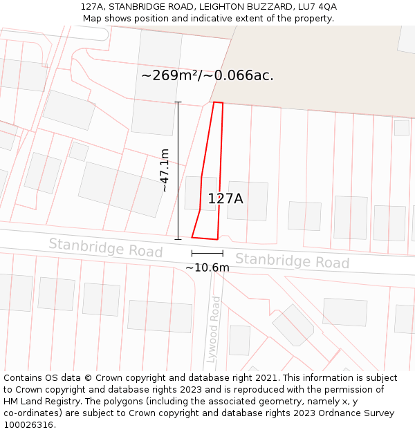 127A, STANBRIDGE ROAD, LEIGHTON BUZZARD, LU7 4QA: Plot and title map