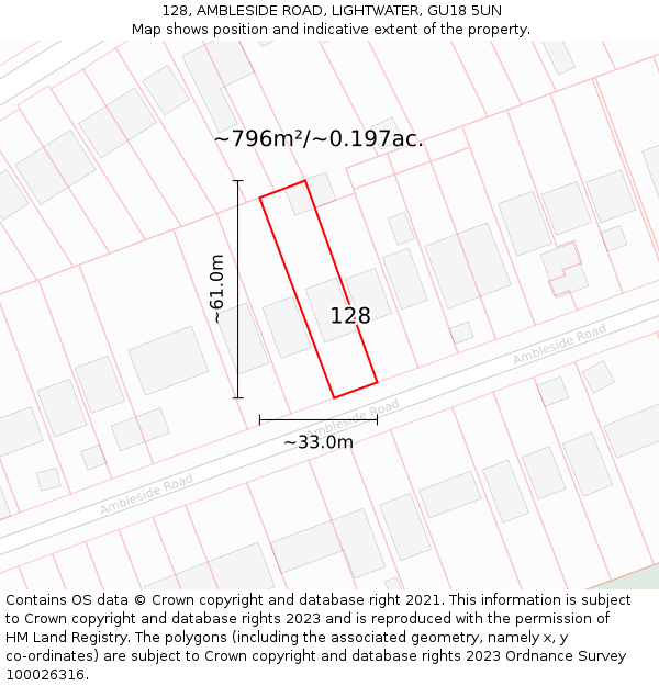 128, AMBLESIDE ROAD, LIGHTWATER, GU18 5UN: Plot and title map