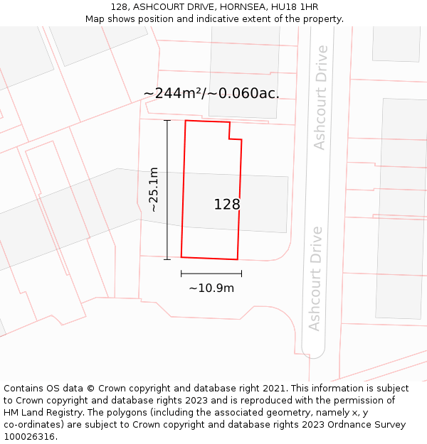 128, ASHCOURT DRIVE, HORNSEA, HU18 1HR: Plot and title map