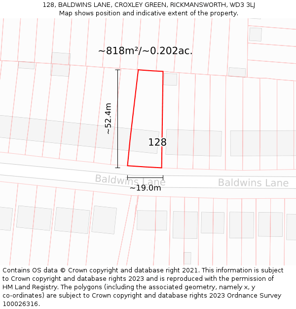 128, BALDWINS LANE, CROXLEY GREEN, RICKMANSWORTH, WD3 3LJ: Plot and title map