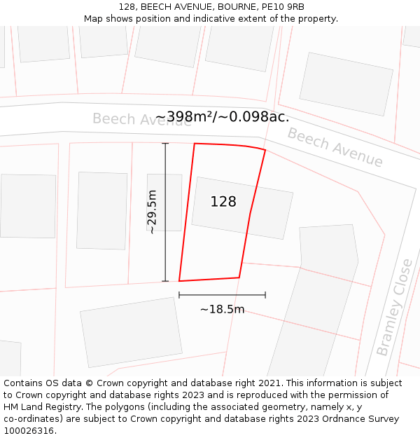 128, BEECH AVENUE, BOURNE, PE10 9RB: Plot and title map