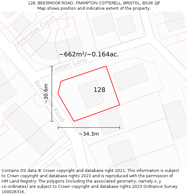 128, BEESMOOR ROAD, FRAMPTON COTTERELL, BRISTOL, BS36 2JP: Plot and title map