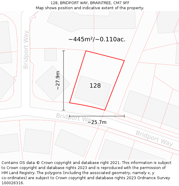 128, BRIDPORT WAY, BRAINTREE, CM7 9FF: Plot and title map