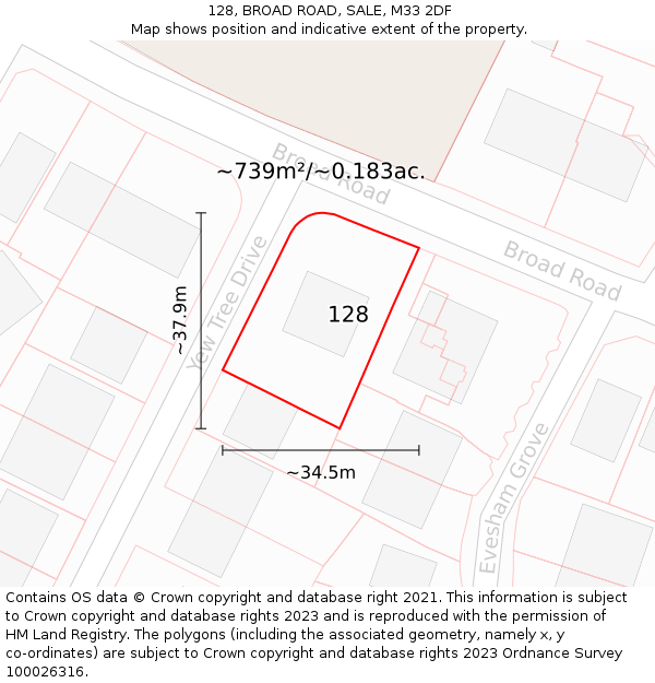 128, BROAD ROAD, SALE, M33 2DF: Plot and title map