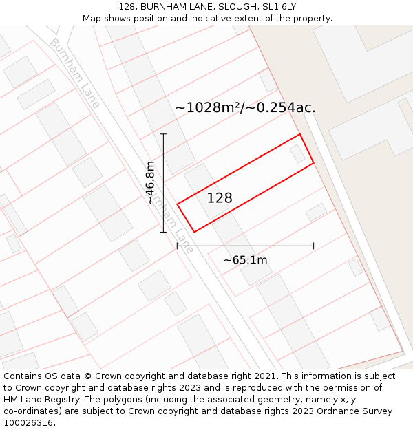 128, BURNHAM LANE, SLOUGH, SL1 6LY: Plot and title map