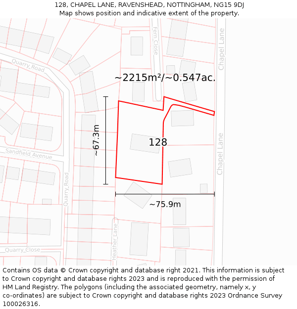128, CHAPEL LANE, RAVENSHEAD, NOTTINGHAM, NG15 9DJ: Plot and title map