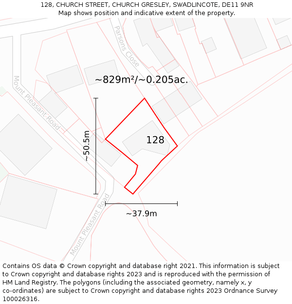 128, CHURCH STREET, CHURCH GRESLEY, SWADLINCOTE, DE11 9NR: Plot and title map