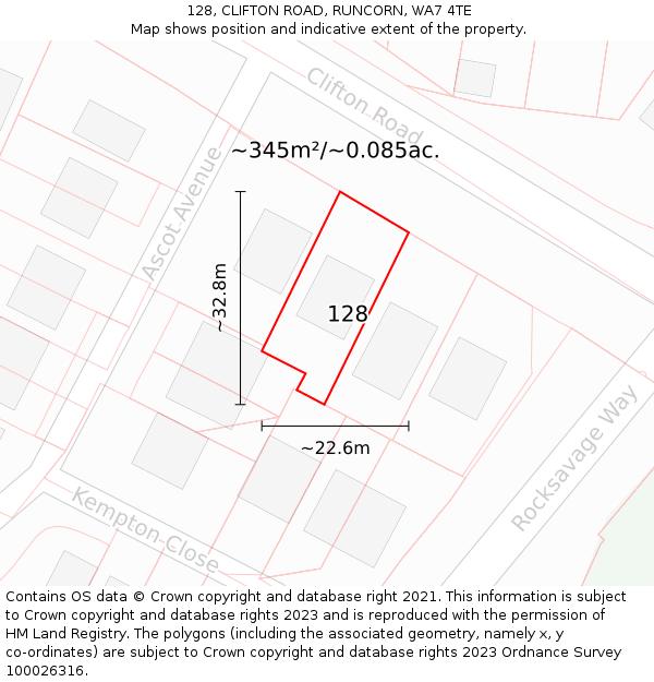 128, CLIFTON ROAD, RUNCORN, WA7 4TE: Plot and title map