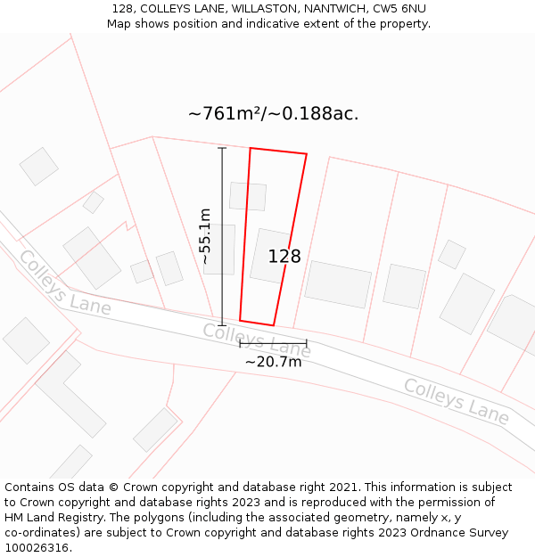 128, COLLEYS LANE, WILLASTON, NANTWICH, CW5 6NU: Plot and title map