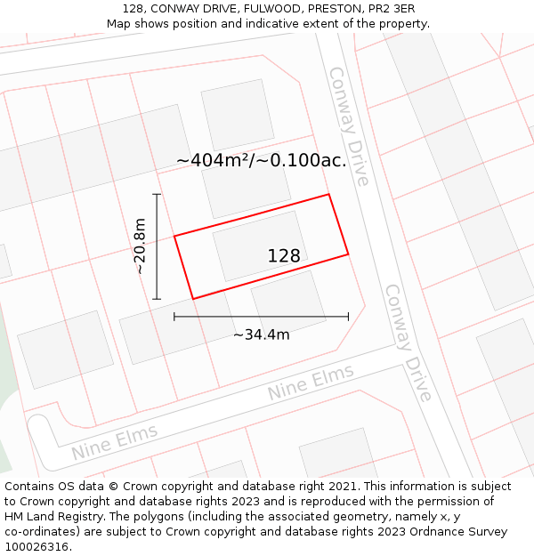 128, CONWAY DRIVE, FULWOOD, PRESTON, PR2 3ER: Plot and title map