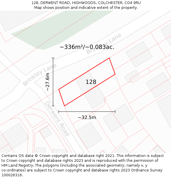 128, DERWENT ROAD, HIGHWOODS, COLCHESTER, CO4 9RU: Plot and title map