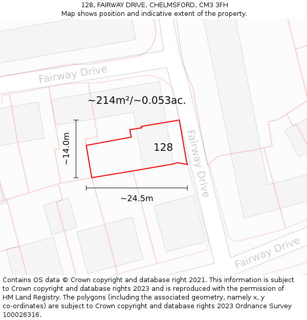 128, FAIRWAY DRIVE, CHELMSFORD, CM3 3FH: Plot and title map