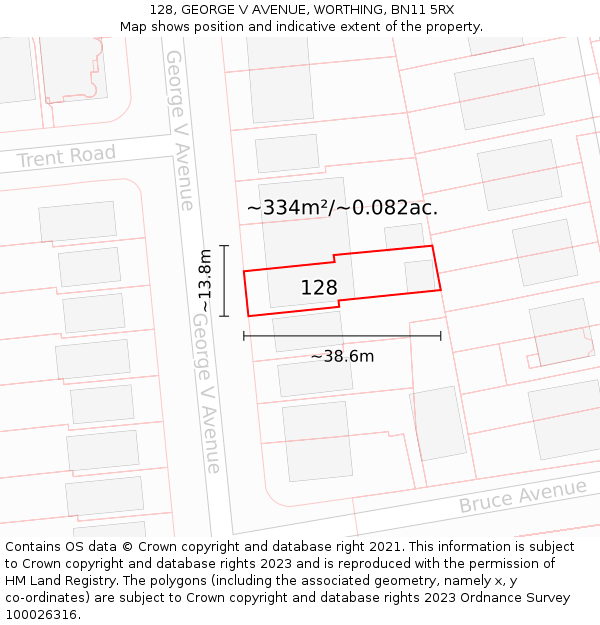 128, GEORGE V AVENUE, WORTHING, BN11 5RX: Plot and title map